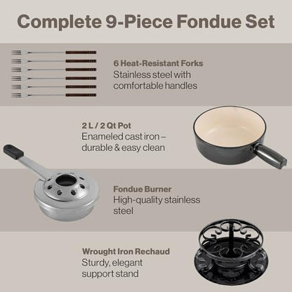 Swissmar Lugano Cast Iron Cheese Fondue Set, 9-Piece, 2 QT / 2 L - Ideal for Melting Cheese, Chocolates, Caramel, & More - Perfect for Kitchen Collection & Gift Giving - Metallic Black - color: Metallic Black