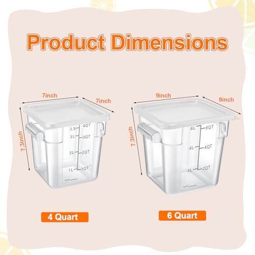 Suclain 8 Pack 4 QT and 6 QT Food Storage Containers with Lids Scales Handles Square Clear Restaurant Food Storage Containers Polycarbonate Commercial Grade for Kitchen Marinating Meat Dough(White) - color: White