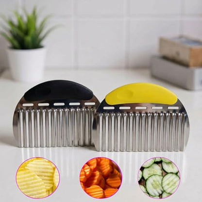2 Pcs Stainless Steel Crinkle Chopper & French Fry Cutter Heavy Duty Wavy Potato Slicer for Vegetables Fruits Cheese Kitchen Gadget Vegetable Chopping Tool (Black & Yellow) - color: Black & Yellow
