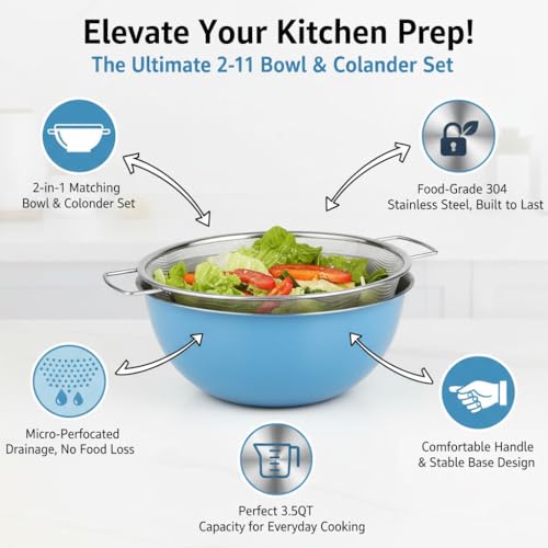 304 Stainless Steel Rice Washing Bowl and 40 Mesh Strainer Set, 3.5QT | 40-mesh strainer helps prevent grain loss while measurement marks and sturdy handles make rinsing and draining easier. - color: Blue