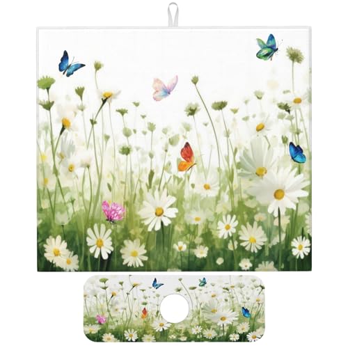 Vintage Watercolor Daisy Butterfly Dish Drying Mat for Kitchen Counter, 16"x18" Microfiber Absorbent Fast Dry Mat, 2Pcs Dish Mat Faucet Mats Sets, Large Drying Kitchen Mat Kitchen Drying Pad - color: Vintage Watercolor Daisy Butterfly, size: 16"X18"