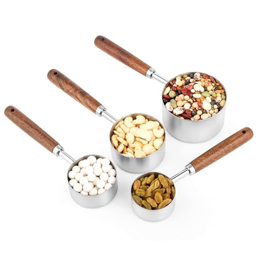 Measuring Cups and Spoons Set 8, 18/8 Stainless Steel Measuring Cups and Spoons Set for Baking and Kitchen, Metric & US Metal Measure Cup & Spoon with Wood Handle for Dry & Liquid - color: Siliver