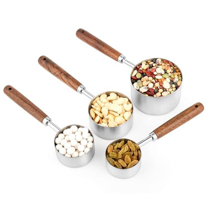 Measuring Cups and Spoons Set 8, 18/8 Stainless Steel Measuring Cups and Spoons Set for Baking and Kitchen, Metric & US Metal Measure Cup & Spoon with Wood Handle for Dry & Liquid - color: Siliver