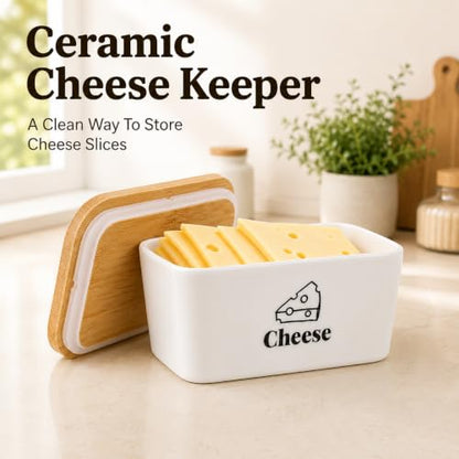 Cheese Container for Refrigerator, Ceramic Cheese Keeper with Airtight Bamboo Lid, Lunch Deli Meat Containers for Fridge,Shredded Cream Block Sliced,Grated,Cheddar Cheeses Storage Box Saver keeper