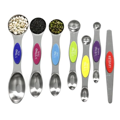 Multicolor Magnetic Measuring Spoons Set with Leveler | 7Pack, Stainless Steel, Stackable, Fits Spice Jars - For Baking Kitchen Gadgets Apartment Essentials Fits - color: Multicolor