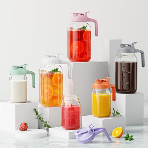 Glass Mason Jar Pitcher, 64 oz Wide Mouth Jug with Pour Spout Handle Lid for Cold Brew Coffee, Ice Beverage, Iced Juice, Lemonade, Sun Tea, Fruit Drinks Container(Green) - color: Green, size: 64 Ounces
