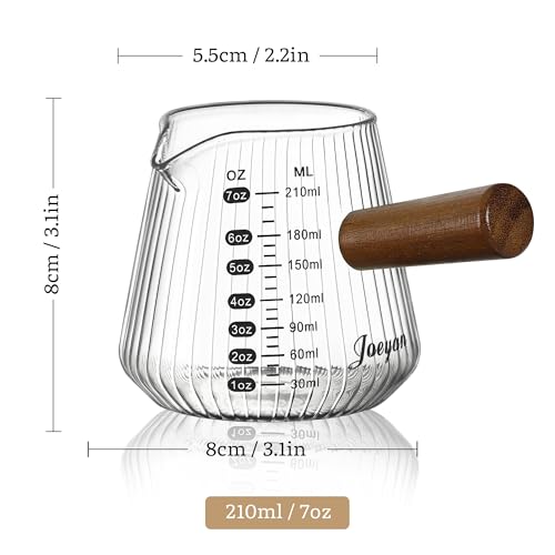 Joeyan Espresso Measuring Cup, 7oz Clear Espresso Shot Cups with Wood Handle, Ribbed Glass Measuring Cup with Spout and Double Scale, Milk Frothing Pitcher, Espresso Machine Coffee Bar Accessories - color: Clear espresso cup