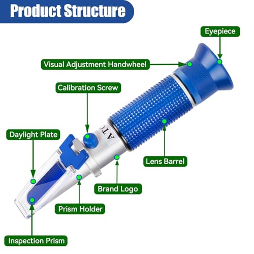 5-in-1 DEF Antifreeze Refractometer Coolant Tester with ATC Hydrometer Kit for Automotive Antifreeze Diesel Exhaust Fluid Ethylene Glycol or Propylene Glycol Based Windshield Washer Fluid Battery Acid