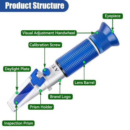 5-in-1 DEF Antifreeze Refractometer Coolant Tester with ATC Hydrometer Kit for Automotive Antifreeze Diesel Exhaust Fluid Ethylene Glycol or Propylene Glycol Based Windshield Washer Fluid Battery Acid
