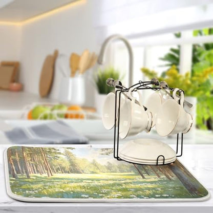 Pine Tree Field Dish Drying Mat for Kitchen Counter Super Absorbent Draining Mat with Non-slip Backed Sink Tray Mat for Dish Bottles Cups Bowl Countertops Sinks Draining Racks