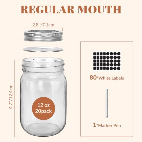 CycleMore 20 Pcs 12oz Glass Mason Jars With Silver Separable Lids, 350ml Round Canning Jars for Honey, Jam, Herb, Wedding Favor, Kitchen Storage Wide Mouth Bottles for Crafts, Meal Prep - size: 12oz - 20 Pack