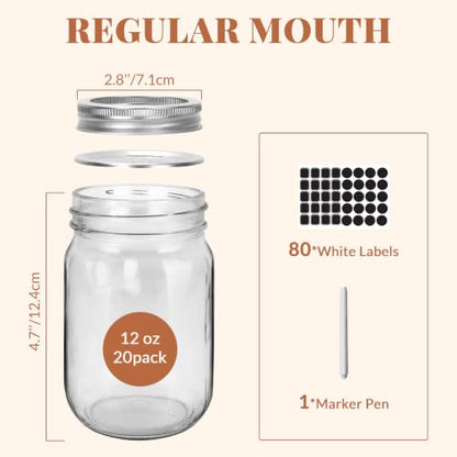 CycleMore 20 Pcs 12oz Glass Mason Jars With Silver Separable Lids, 350ml Round Canning Jars for Honey, Jam, Herb, Wedding Favor, Kitchen Storage Wide Mouth Bottles for Crafts, Meal Prep - size: 12oz - 20 Pack