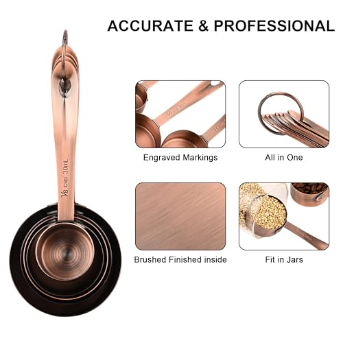 Copper Measuring Cups and Spoons Set 16, Dry&Liquid Stainless Steel Measuring Cups and Spoons, 7 Metric&US Measing Cups & 6 Measuring Spoons & Measure Equivalents for Kitchen&Baking - color: Copper, size: A: 7cups+6spoons