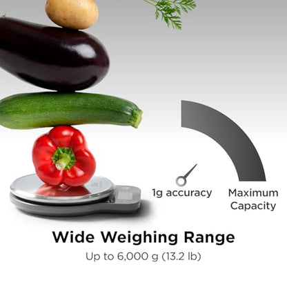 Kitchen Mama Q-Series Digital Food Scale, Metal Gray | 13.2 lb / 6000g Capacity, 1g Precision, Tare Function, Stainless Steel Platform, LCD Display - color: Metal Gray