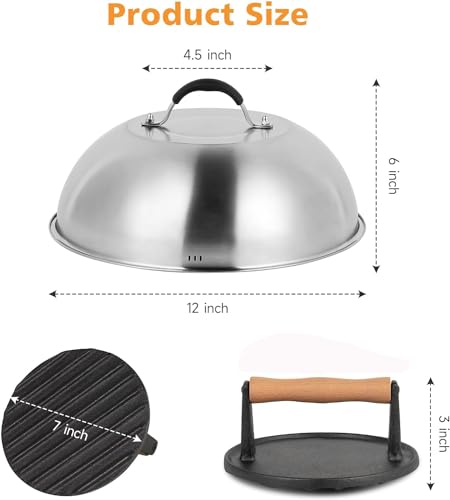 SHINESTAR Cast Iron Burger Press with 12-Inch Melting Dome for Blackstone Griddle, Smash Burger Press & Basting Cover Set, Flat Top Grill Accessories for Bacon, Cheese Melting, Indoor Outdoor Cooking - size: Round