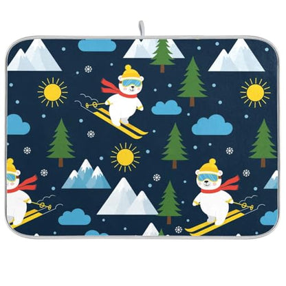 Skiing Polar Bear Tree Dish Drying Mat for Kitchen Counter Super Absorbent Draining Mat with Non-slip Backed Sink Mats for Dish Bottles Cups Bowl Draining Racks Countertops Sinks