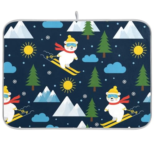 Skiing Polar Bear Tree Dish Drying Mat for Kitchen Counter Super Absorbent Draining Mat with Non-slip Backed Sink Mats for Dish Bottles Cups Bowl Draining Racks Countertops Sinks