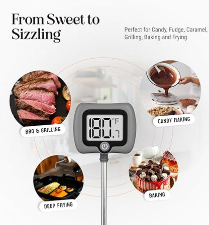 Digital Candy Thermometer with Pot Clip, 10" Long Stainless Steel Probe, Instant Read Kitchen Thermometer for Cooking, Baking, and Candy Making (Gray) - color: Gray
