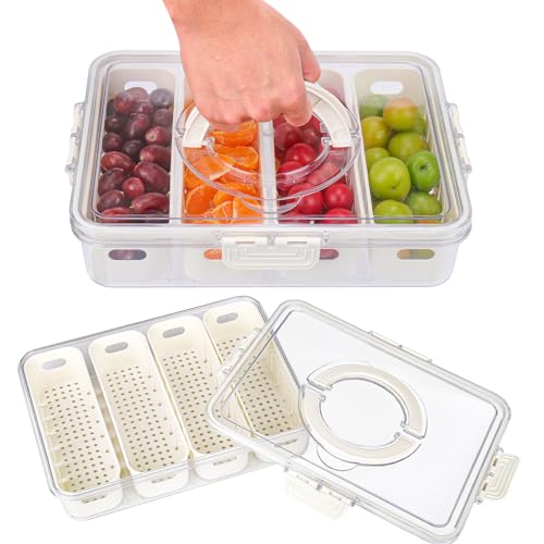 AIERSA Snackle Box Container,Divided Serving Tray with Lid,4 Compartment Travel Snack Container,Fruit Veggie Tray with Lid for Fridge Fresh Keeping,Portable Snack Tray for Picnic,Party,Travel