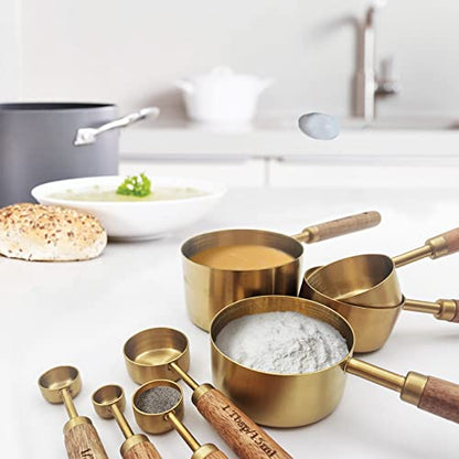 Gold Measuring Cups and Spoons Set with Fragrant Wood Handle, Measuring Cups, Metal Measuring Spoons and Measuring Cup Set for Cooking & Baking, Set of 8 pcs - color: Gold/Wooden Handle