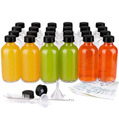 PINIWON 24 Pack 4 oz Clear Glass Bottles, 120ml Boston Round Sample Bottles with Black Poly Cone Caps, Labels, Funnels and Brush - color: Clear-24 pack