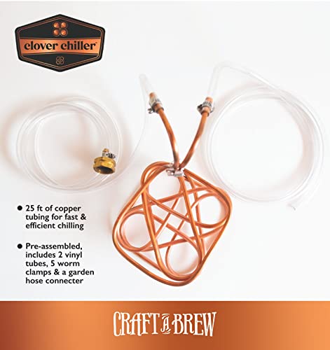 Craft A Brew - Clover Wort Immersion Chiller - For Home Brewing - Includes Copper Immersion Coil, Two Vinyl Tubing Leads, Hose Adapter, and Stainless Steel Worm Clamps - Made in USA - 5 Gallon - size: 5 Gallon