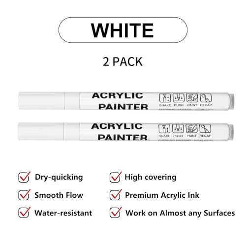Acrylic Paint Pens Waterproof Markers 2 White Permanent Marker Pens Acrylic Pens for Rock Painting Glass Stone Ceramic Metal Fabric Pebble Painting pens Craft Supplies - color: White