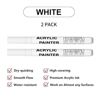 Acrylic Paint Pens Waterproof Markers 2 White Permanent Marker Pens Acrylic Pens for Rock Painting Glass Stone Ceramic Metal Fabric Pebble Painting pens Craft Supplies - color: White