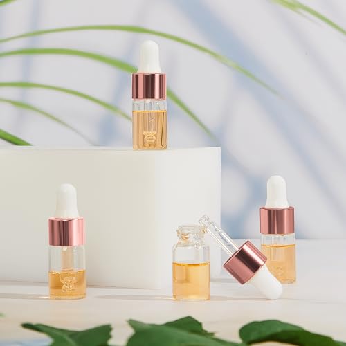 Didaey 100 Pcs 1/2/3/5/10/15 ml Mini Glass Oil Dropper Bottle Bulk, Clear Essential Small Empty Bottles Sample Containers Perfume Liquid Vials with Cap for Traveling (3 ml,Rose Gold) - color: Rose Gold, size: 3 ml