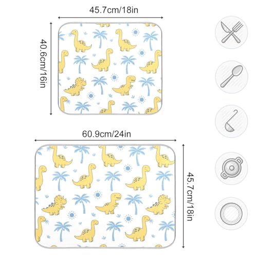Dinosaur Palms Tree Dish Drying Mat for Kitchen Counter Super Absorbent Draining Mat with Non-slip Backed Dishwashing Mat for Dish Bottles Cups Bowl Sinks Countertops Draining Racks