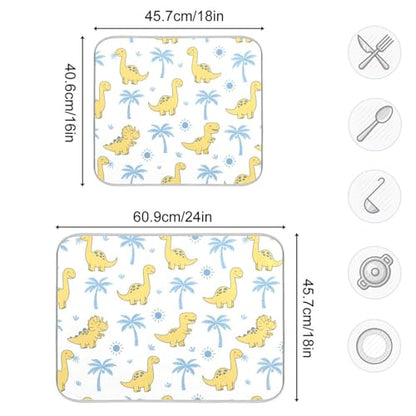 Dinosaur Palms Tree Dish Drying Mat for Kitchen Counter Super Absorbent Draining Mat with Non-slip Backed Dishwashing Mat for Dish Bottles Cups Bowl Sinks Countertops Draining Racks