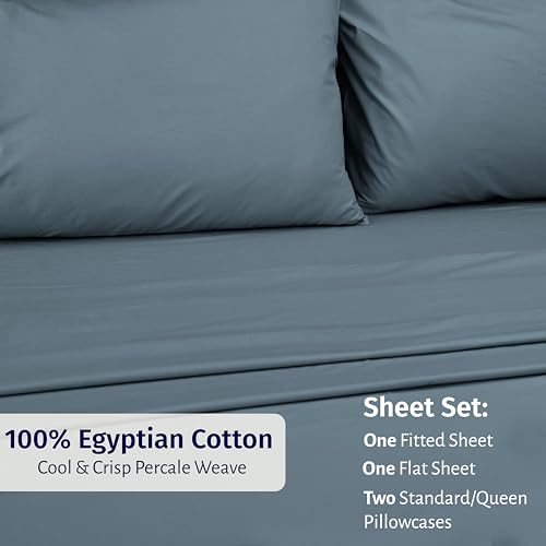 California Design Den Egyptian Percale Sheet Set Full Size - Certified 100% Egyptian Cotton, Lightweight Percale Cotton Sheets Full Size, Deep Pockets, Crisp & Durable Luxury Bedding Set - Slate Blue - color: Slate Blue, size: Full