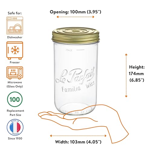 Le Parfait Familia Wiss 32oz (1L) Wide Mouth Glass Canning Jar – 1PK Made in France, Airtight 2-Piece Lid, Reusable Zero Waste & Eco-Friendly for Kitchen Storage, Meal Prep, Fermentation & Baking - color: 32oz (Single)