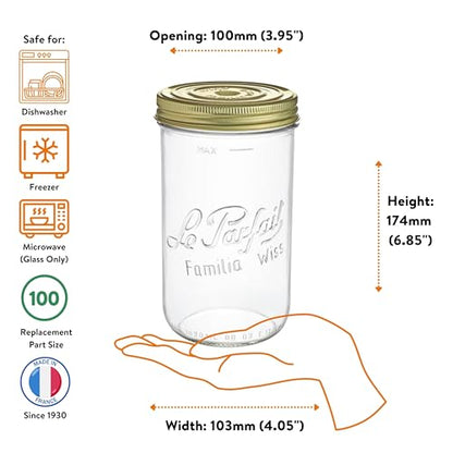 Le Parfait Familia Wiss 32oz (1L) Wide Mouth Glass Canning Jars – 4PK Made in France, Airtight 2-Piece Lid, Reusable Zero Waste & Eco-Friendly for Kitchen Storage, Meal Prep, Fermentation & Baking - color: 32oz (Set/4)