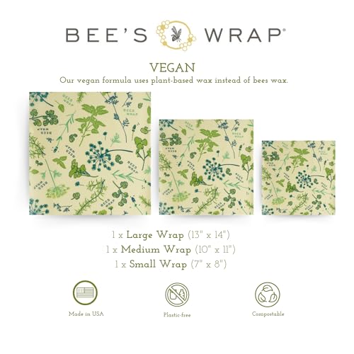 Bee's Wrap Vegan Beeswax Wraps for Food - 3 Pack of Assorted Beeswax Wraps - Small, Medium & Large Wrap - Plastic Free Made in USA Reusable Natural Food Wrap - Herb Garden Print - style: 3 Pack (Vegan Herb Garden)