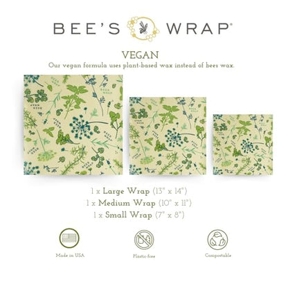 Bee's Wrap Vegan Beeswax Wraps for Food - 3 Pack of Assorted Beeswax Wraps - Small, Medium & Large Wrap - Plastic Free Made in USA Reusable Natural Food Wrap - Herb Garden Print - style: 3 Pack (Vegan Herb Garden)
