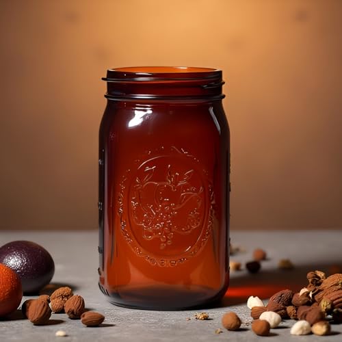 Amber Glass Mason Jars, 32oz Wide Mouth Jars 6 Pcs, Air Tight, Leak Resistant, Large Canning Jars, Quart Mason Jars for Canning, Storing Food, Spices, Meal Prep and Overnight Oats