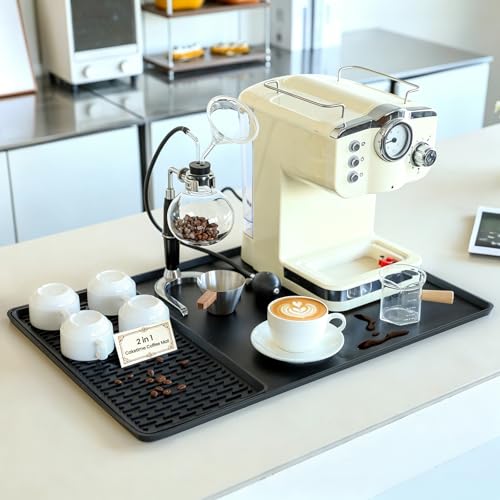 Caketime 2 In 1 Silicone Coffee Bar Mat Accessories for Ninja Coffee Maker with Detachable Dish Drying Rug Kitchen Counter Under Sink Drainer Appliances Dorm Room Decor 16"x24" Extra Large Black - color: Black, size: 24" x 16"