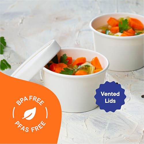 [8 oz. - 50 Sets] Paper Food Container with Lid, Insulated Food Cups with Vented Lids - Hot or Cold To Go Soup Cup, for Soups, Ice Cream and Yogurt - Eco-Friendly - White - size: 8 oz.