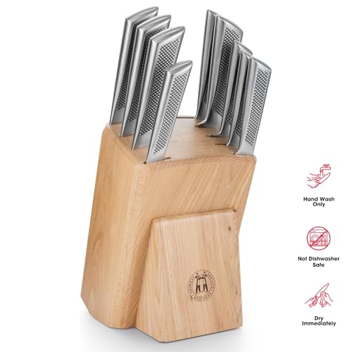 Schmidt Brothers - Gridiron Series - 10-Piece Knife Set, High-Carbon Stainless Steel Cutlery with White Ash Wood Knife Block - color: Gridiron