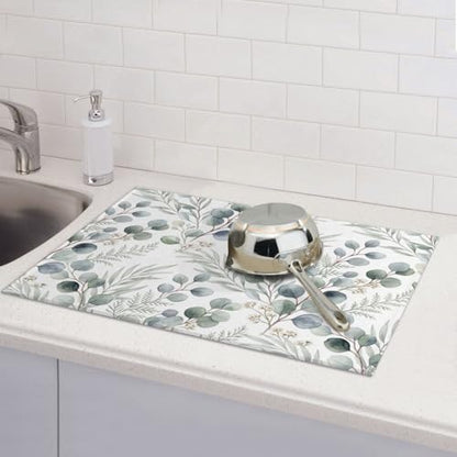Dish Drying Mat for Kitchen Counter Microfiber Absorbent Dish Draining Reusable Washable Extra Large 18"x24" (Sage Leaves, 18x24in) - color: Sage Leaves
