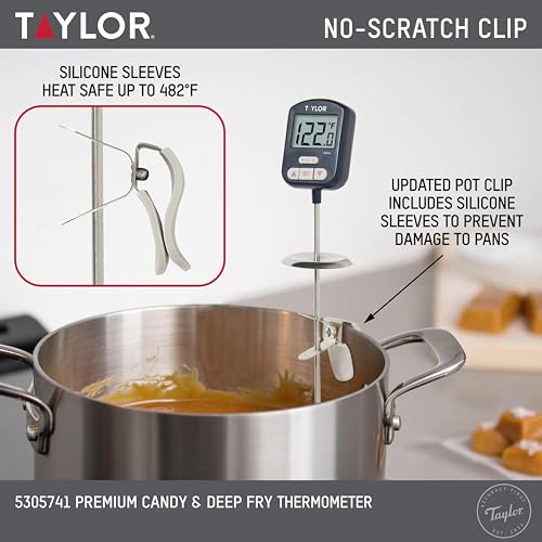 Taylor Digital Premium High Heat Resistant Candy Thermometer, Meat, Deep Fry, Brewing, and Craft Thermometer, with pan/Kettle Clip and Heat Shield, Backlit Display, and Includes 1 CR2032 Battery, Navy - color: Navy