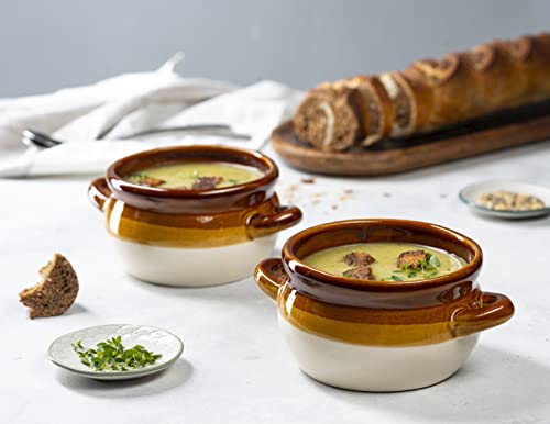 KooK French Onion Soup Bowl, French Onion Soup, Crock, Oven Safe Bowl, Ceramic, Handles, Stoneware, Dishwasher, Microwave, Oven & Broil Safe 16oz Standard Capacity & 18oz Full Capacity Set of 4 - style: Brown