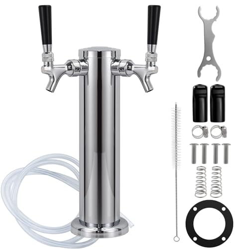 FERRODAY Kegerator Tower Dual Faucet Beer Tower Double Tap Beer Tower Dispenser Beer Tap Kegerator Parts Stainless Steel Tower Brass Faucet Stainless Core Pre-assembled Lines 3" Keg Tower Beer Keg Tap - size: Dual Tap-Brass Faucet