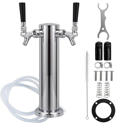 FERRODAY Kegerator Tower Dual Faucet Beer Tower Double Tap Beer Tower Dispenser Beer Tap Kegerator Parts Stainless Steel Tower Brass Faucet Stainless Core Pre-assembled Lines 3" Keg Tower Beer Keg Tap - size: Dual Tap-Brass Faucet