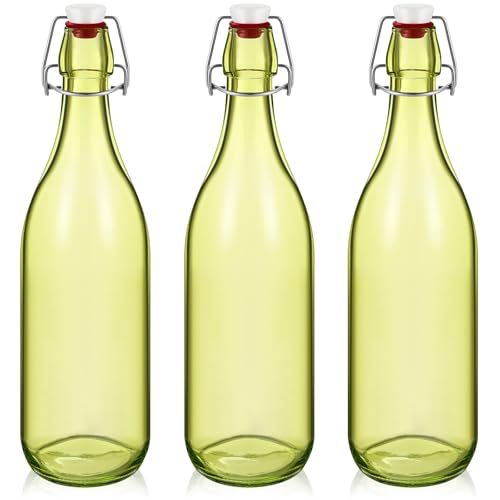 Teenyyou 3 Pcs Light Green Glass Bottle 1 L / 33.75 oz Decorative Bottles Light Green Swing Top Glass Bottles with Airtight Lid for Centerpieces Garden Decor, Bottle Tree - color: Light Green, size: 33.75oz