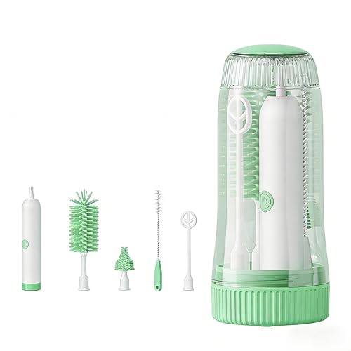 Portable Electric Silicone Bottle Brush Set, 7-in-1 UV Light USB Charging, Nipple/Straw Cleaner, Milk Mixer, Built-in Drying Rack & Storage Case, BPA-Free, IPX7, On-the-Go for New Parents - color: Mint