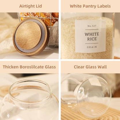 2 Pack Glass Food Storage Containers with Airtight Acacia Wood Lids and 132 Kitchen Pantey Labels Preprint - 43 LF OZ Borosilicate Glass Canister Sets for Food,Coffee,Cookie,Tea,Candy,Sugar - size: 45oz-2 Pack