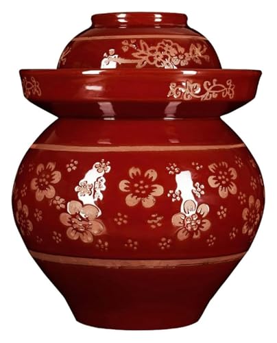 Red Traditional Chinese Porcelain Pickle Jar - Ceramic Fermentation Crock with Water Seal Airlock Lid for Kimchi and Sauerkraut