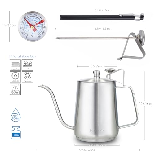 Easyworkz Gooseneck Pour Over Coffee Kettle 30 fl oz with Thermometer Stainless Steel Hand Drip Coffee Pot With Long Narrow Spout,Suitable for Induction Cookers - color: Silver